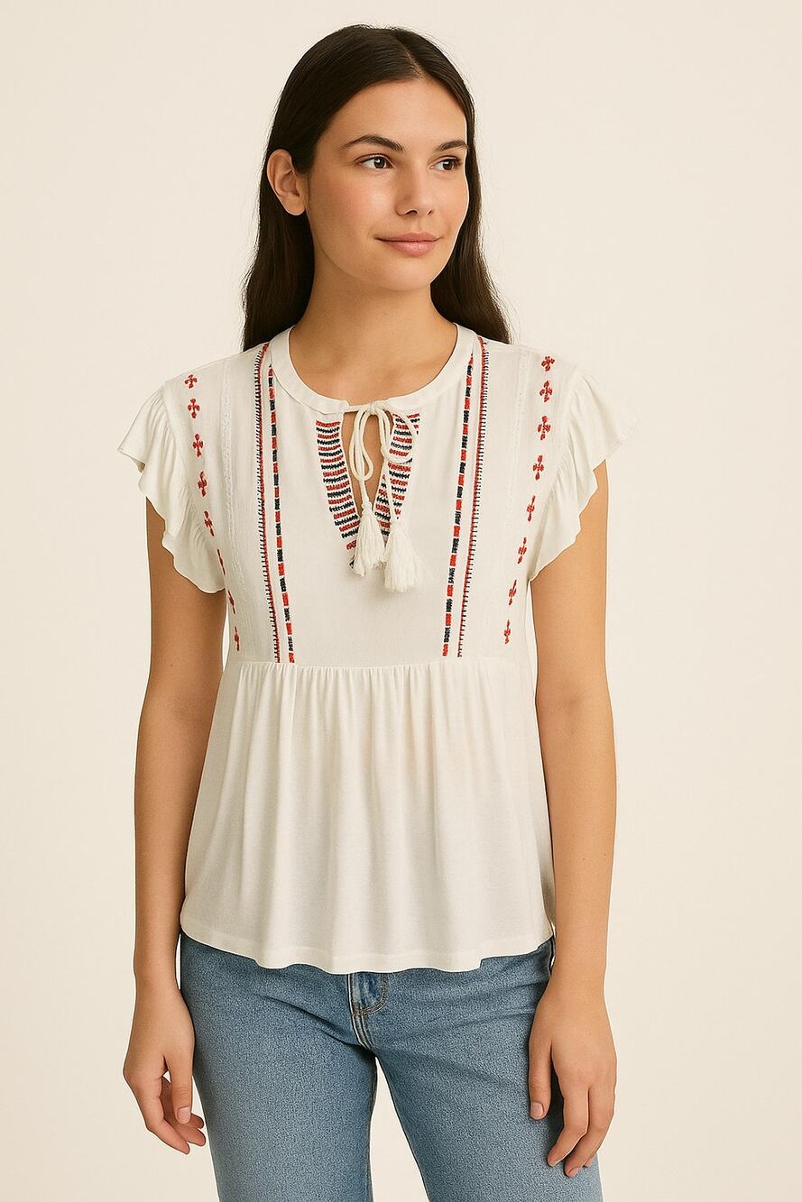 Lucky Brand White Boho Peasant Embroidered Blouse Size Small